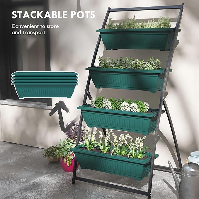 Outsunny Raised Garden Bed, 4 Tier Vertical Garden Planter Set, 4 Outdoor Planter Boxes with Stand, Self Draining Design Elevated Garden for Vegetable, Flowers & Herbs, Green Outsunny