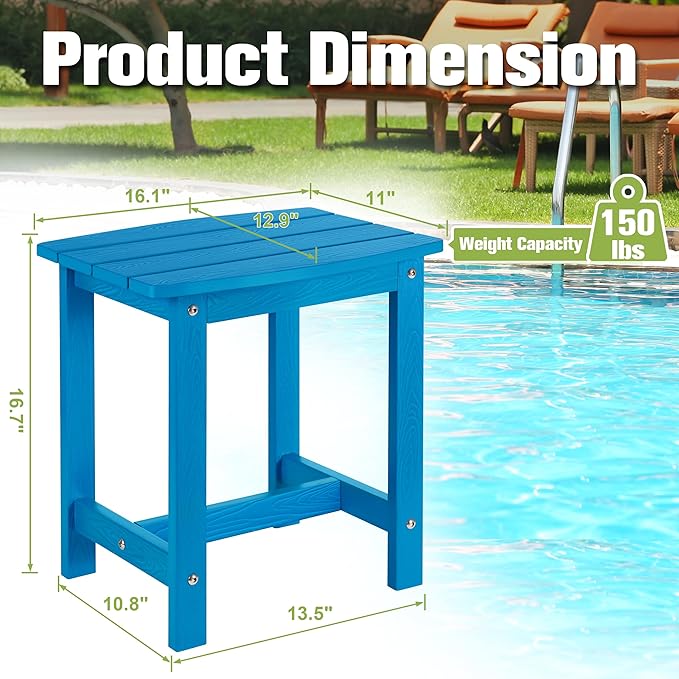 Y&M Outdoor Side Table, HIPS Adirondack Small Single Table, Waterproof Square Outside Table, Balcony Modern End Tables for Patio, Pool, Beach, Porch, Deck, Indoor or Outdoor Use, Bright Blue YM