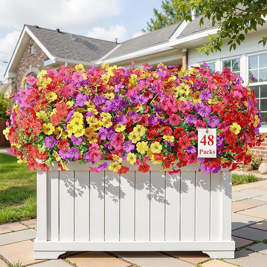Alupssuc 48 Bundles Artificial Flowers for Outdoors Decoration, UV Resistant Silk Faux Daisy Flora Spring Fake Plastic Plants Greenery for Outside Indoor Yard Home Porch Window Box Decor, Mix 4 Colors Alupssuc