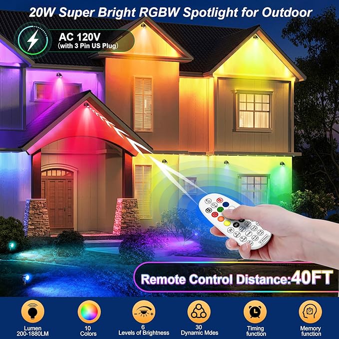 20W RGBW Color Changing Outdoor Spotlight with Remote Control 1880LM IP66 Waterproof LED Spot Lights for Christmas Halloween Decorative Yard Garden Pathway 120V US Plug 2 Pack SOROP