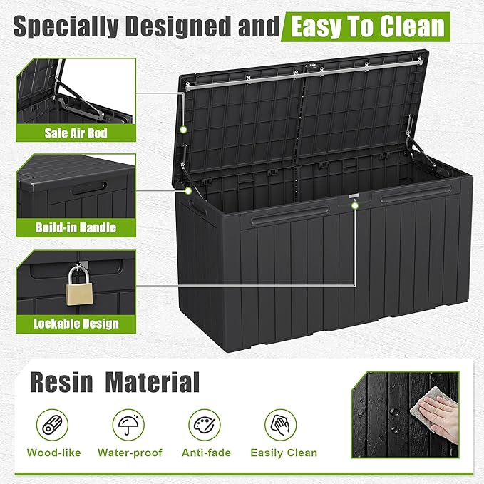 Flamaker Resin Deck Box 100 Gallon Large Lockable Outdoor Storage Box Waterproof for Patio Cushions, Tools, Pool Accessories (Black) Flamaker