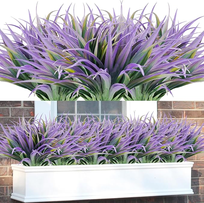 16Pcs Artificial Grass Fake Plants 17.3in Outdoor Plants UV Resistant Faux Greenery Stems Fake Grass for Home Window Garden Office Patio Pathway Front Porch Halloween Décor Green & Purple Phliofd