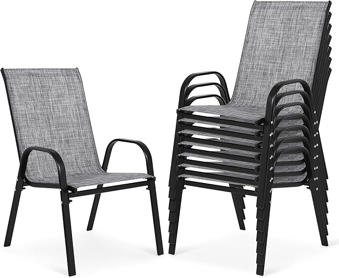 Outdoor Stackable Chairs Set of 8, Stacking Patio Chairs with Textilene Fabric, Outside Furniture for Garden Backyard Balconie Poolside Deck, Grey Villeston