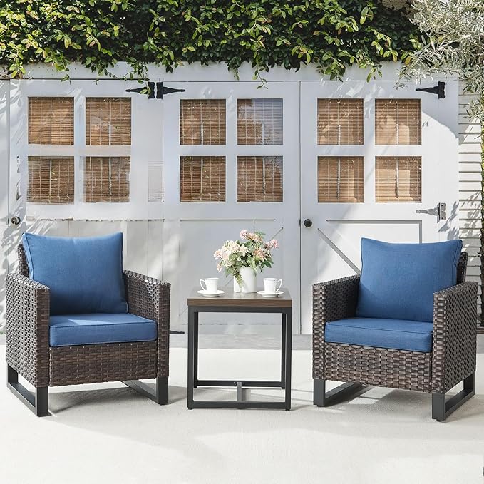 Belord Outdoor Bistro Set 3 Piece Outdoor Wicker Patio Chairs, Oversize Outdoor Rattan Seating Set, All-Weather Chairs Wicker Furniture with Metal Side Table and Removable Cushion for Outside Belord