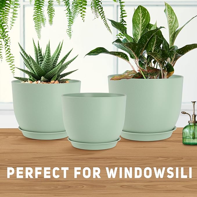 Plant Pots 10/9/8/7.5/7 inch Flower Pots with Multi Mesh Drainage Holes, Planters for Indoor Outdoor Garden Plants and Flowers. (Green) AFamilyofGardenLovers