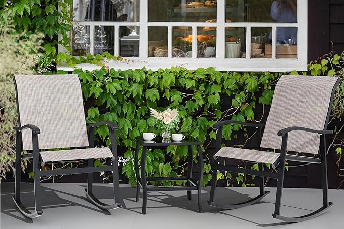 Vongrasig 3 Piece Outdoor Rocking Bistro Set, Textilene Fabric Small Patio Furniture Set, Front Porch Rocker Chairs Conversation Set with Glass Table for Lawn, Garden, Balcony, Poolside (Taupe) Vongrasig