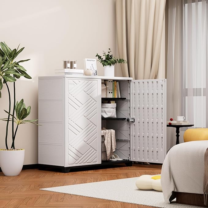Outdoor/Indoor Storage Box,Resin and Plastic Storage Cabinet Waterproof,Outdoor Cabinet for Patio/Garden/Balcony/Backyard/All Room (with 2 Shelves)-White Mrosaa