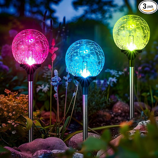 GIGALUMI Solar Garden Lights 3 Pack, Outdoor Solar Lights for Yard Decorative, Christmas Lights Outdoor Decorations Waterproof, Multi-Colored Changing Garden Globes Cracked Glass Ball with LED Lights GIGALUMI
