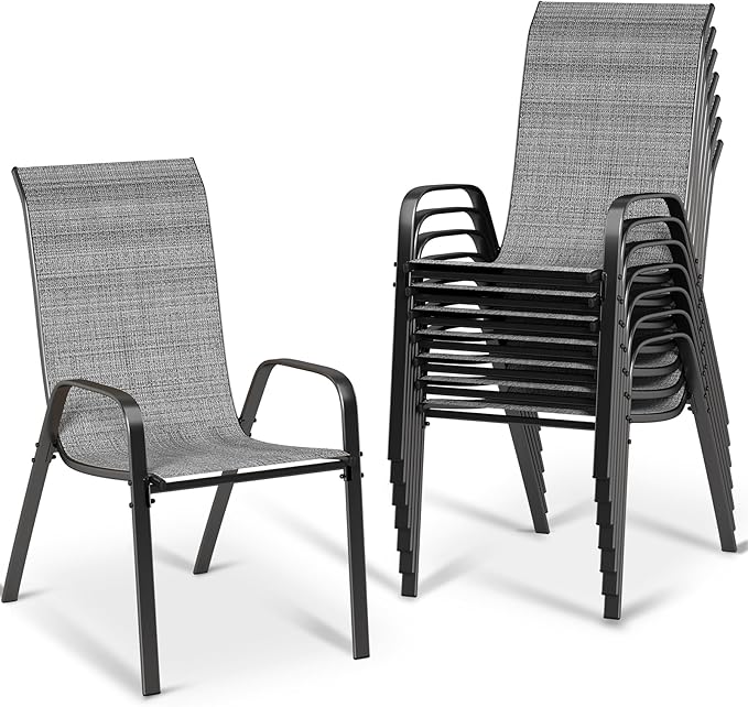 MAMIZO Patio Dining Chairs, Stackable All Weather Teslin Chair, Heavy Duty Outdoor Breathable Chairs Set, w/Armrests, Upgraded Chair FeetW/Strenthened Iron Spacers, 330 LBS (8, Grey) MAMIZO