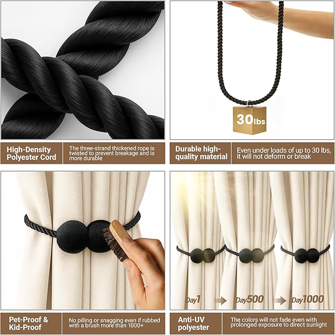 Hion Magnetic Curtain Tiebacks 4 Pack, Nickel-plated Metal and Polyester, Black Hion
