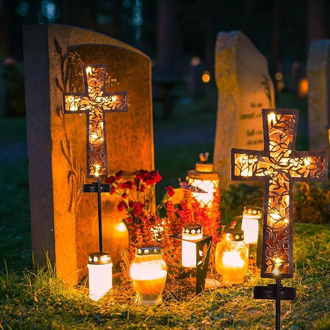 Solar Cross Garden Stake Lights 38inch Metal Outdoor Waterproof Memorial Garden Decor 2 Lighting Modes Cemetery Decorations for Grave for Remembrance Gifts & Sympathy Gifts HUYIENO