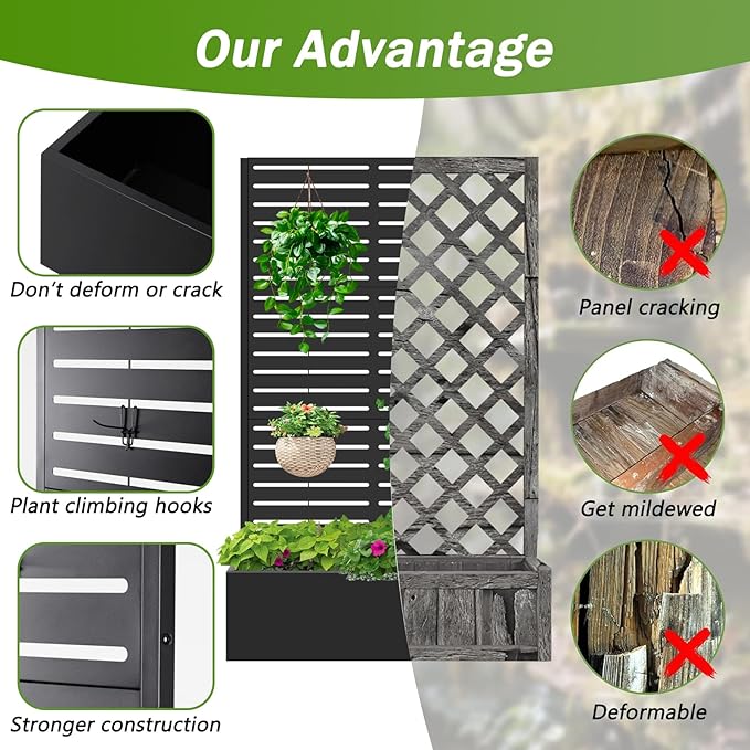 Metal Raised Garden Bed with Trellis,Planter Box for Climbing Plants, Vegetables & Vines, Features Drainage Holes and Privacy Screen.raised garden beds outdoor planters for porch (Black, 71"x35"x16") Gawicpy