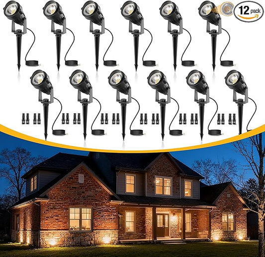 L LOHAS LED 5W Low Voltage Landscape Lighting, Christmas Outdoor Spot Lights with Connectors, 12V 24V IP66 Waterproof 3000K Warm White Plug in Spotlights for Yard, Garden, Pathway, House (12 Pack) LLOHASLED