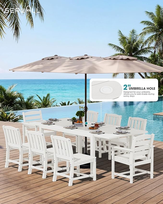 SERWALL Outdoor Expandable Dining Table 60" - 83", Patio Dining Table for 4-10 People, All Weather HDPE and Aluminum Outdoor Furniture for Backyard, Garden, White SERWALL