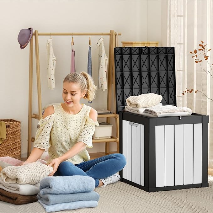DRATO 51 Gallon Deck Boxes Resin Outdoor Storage Box UV Resistant Outside Deck Box with Lockable Lid for Patio Furniture（Black and White，51 Gallon） DRATOprovidesawarmandcozy