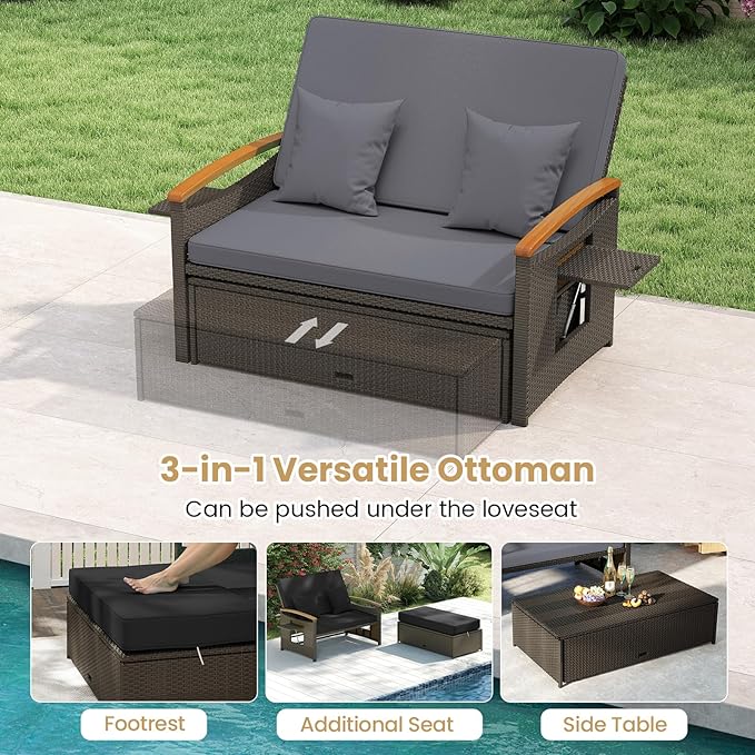 Tangkula Patio Rattan Daybed with 4-Level Adjustable Backrest, Outdoor Wicker Loveseat with Acacia Wood Armrest, Storage Ottoman & Folding Tray, Double Sunbed for Lawn Yard & Poolside, Grey & Brown TANGKULA