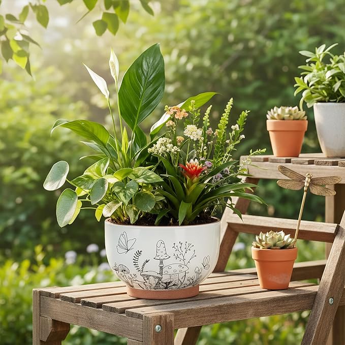 YBX 8 Inch & 6 Inch Terracotta Pots, Plant Pots, Flower Pots for Indoor Plants with Drainage, Planters with Mushroom Accent for Indoor Plants (Cottage) YBXYIBOXUAN