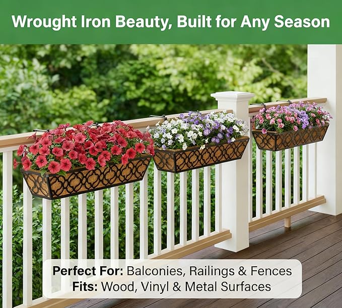 Y&M Flower Boxes for Deck Railings 24inch 4packs, Deck Railing Planter Boxes with Coir Liner Outdoor Railing Window Boxes Planters Hanging Planter Flower Box YM