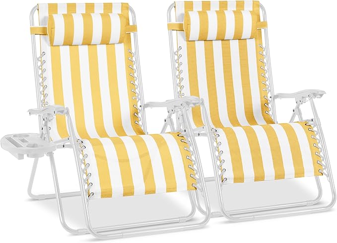 Best Choice Products Set of 2 Extra Wide Adjustable Steel Mesh Zero Gravity Lounge Chair Recliners w/Pillows and Cup Holder Trays - Marigold Stripes/White BestChoiceProducts