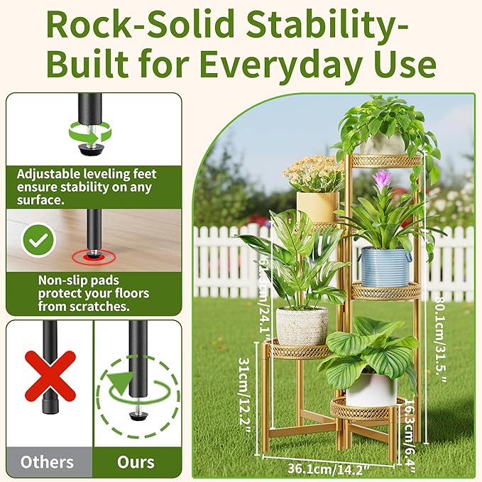 Tall Plant Stand Indoor Outdoor, Corner Metal Flower Pot Stands for Multiple Plants, 5 Tier Heavy Duty Plant Shelf for Patio Garden Balcony Living Room Bedroom - GoldWave Rootora