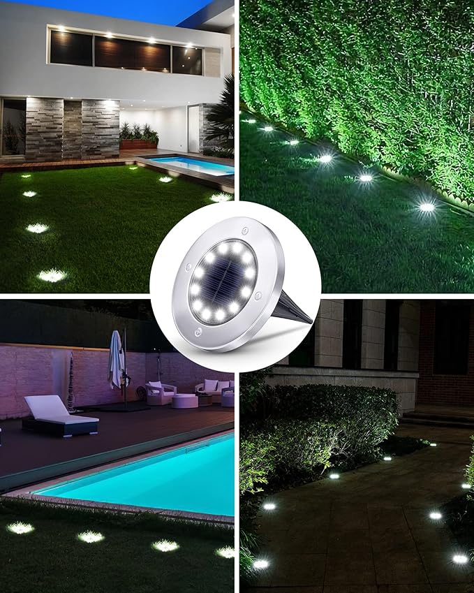 Biling Solar Outdoor Lights 12 Pack, Bright 12 LEDs Solar Ground Lights Waterproof, Flat Landscape Lighting Solar Powered for Yard Walkway Pathway Garden Driveway (White) biling