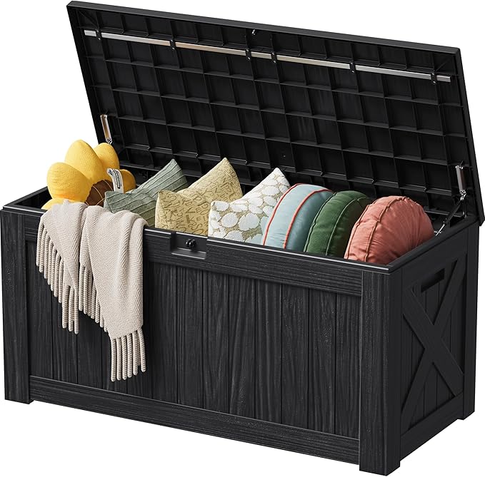 Devoko 125 Gallon Outdoor Storage Box, Waterproof Resin Deck Box for Patio Furniture, Lockable Container for Garden Cushions & Pool Supplies (Black, 125 Gallon) DEVOKO