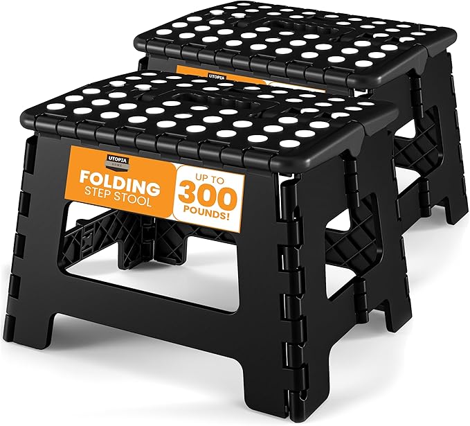Utopia Home Folding Step Stool with Handle – 9 Inch Anti Slip Collapsible Stool – Holds Up to 300 lbs – Sturdy Plastic Step Stool Foldable for Kitchen, Bathroom and Home Use (2-Pack, Black) UTOPIAHOME