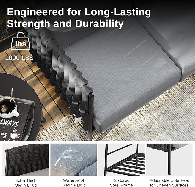 EAST OAK Life Chatter Outdoor Sofa, Outdoor Furniture 3 Seats with Waterproof Thick Cushions, Modern Patio Sofa Deep Seating for Outdoor Garden Porch Blackyard, Earth Black & Misty Grey EASTOAK