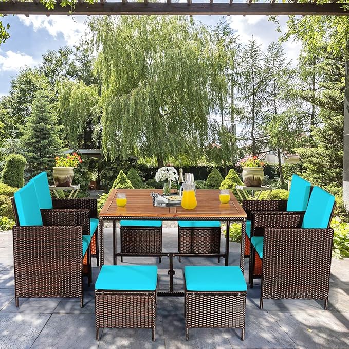 Tangkula 9 Pieces Acacia Wood Patio Dining Set, Space Saving Wicker Chairs and Wood Table with Umbrella Hole Outdoor Furniture Set, Suitable for Garden, Yard, Poolside, Outdoor Seating Set TANGKULA