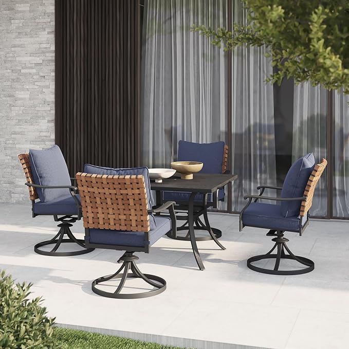 Grand patio 5-Piece Outdoor Dining Set, 4 Leather-Look Wicker Swivel Blue Patio Chairs & 1 Square Dining Table, Black GrandPatio