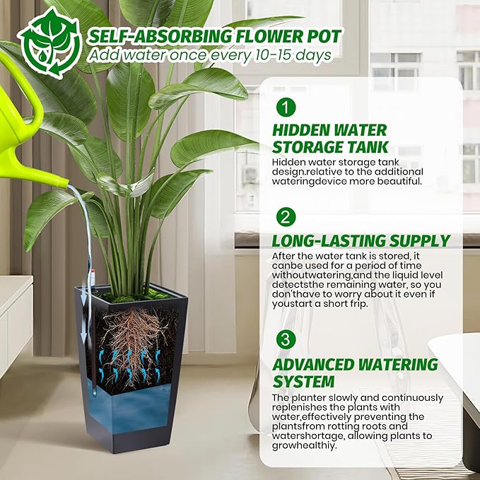 GarveeLife 16 in Tall Planters Set of 2, Outdoor＆Indoor Black Planter Pots, High Front Porch Planter Pots with Drainage Holes＆Water Level Monitor＆Inner Bucket, Automatic Watering,Black GarveeLife
