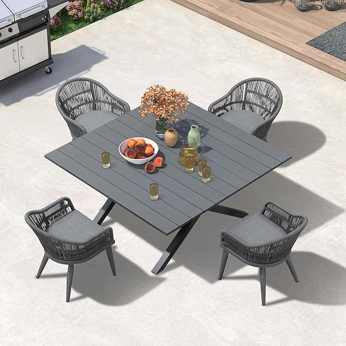 PURPLE LEAF 5 Pieces Oversized Square Patio Dining Set with Outdoor Aluminium Dining Table and Woven Chairs Modern Metal Furniture Cushions Sets for Garden Yard Indoor Decor Kitchen Gray PURPLELEAF