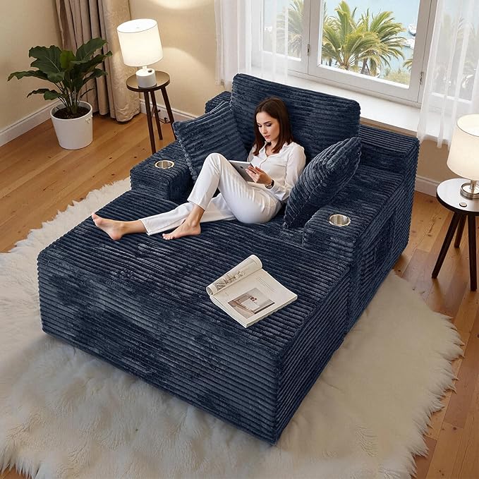 CHORRO67 Chaise Lounge Chair Indoor,Oversized Boneless Single Sleeeper Couch Bed,Corduroy Cloud Sofa with 3 Soft Pillows for Livingroom,Bedroom,No Assembly (Grey) CHORRO
