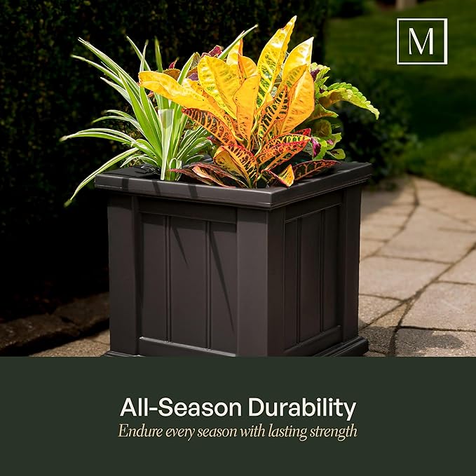 Mayne Cape Cod 14-Inch Square Planter – Self-Watering, Weather-Resistant Planter for Flowers – Durable Outdoor Design for Patio, Porch, or Entryway Mayne