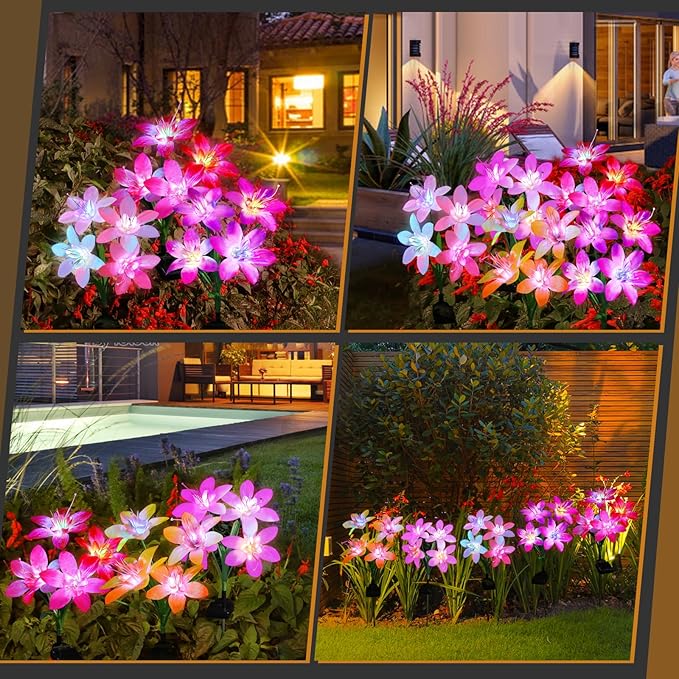 Aukora Solar Garden Lights Outdoor 10 Pack, 5 Colors Lily Flowers & 7-Color Changing Led Lights for Outside, Solar Outdoor Light Waterproof for Pathway Patio Yard Decor, Red Yellow Blue White Purple AUKORA