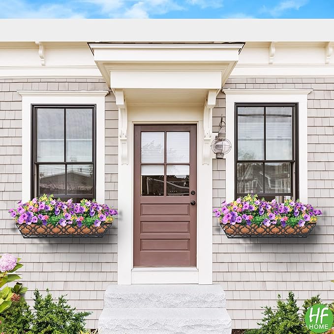 HFHOME 24 Inch Window Deck with Coco Liner, 24" Window Boxes Horse Trough with Coconut Coir Liner, Black Metal Hanging Flower Planter Basket Railing Planter for Outdoor Indoor Lawn - 2 Pack HFHOME
