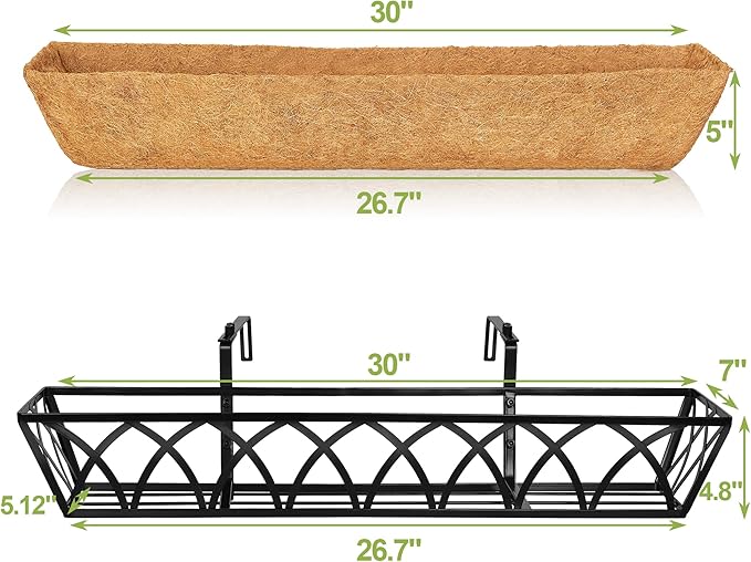 6pcs 30 Inch Window Deck with Coco Liner, 30" Window Boxes Horse Trough with Coconut Coir Liner, Metal Hanging Flower Planter Window Basket Deck Railing Planter Boxes for Outdoor Indoor Lawn LAWYAMAI