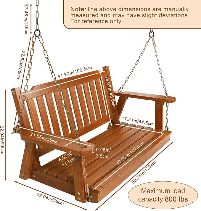 Wooden Porch Swing 2-Seater, Bench Swing with Hanging Chains, Heavy Duty 800 LBS, for Outdoor Patio Garden Yard, 4 Ft, Brown Anraja