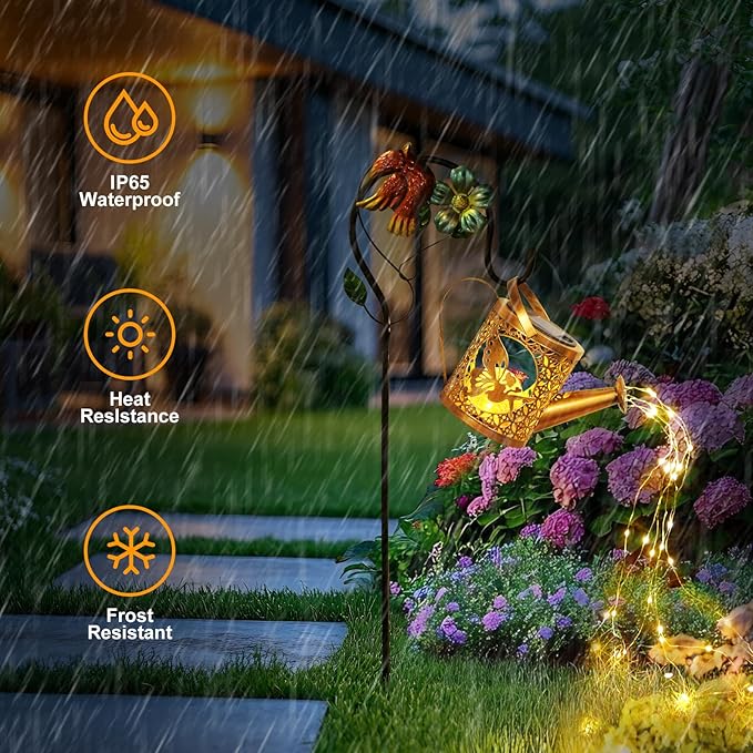 Solar Lights Outdoor Garden Decor Solar Watering Can with Crackle Glass Lights Waterproof Metal Hanging Fairy Lantern for Patio Lawn Yard Outside Decorations- Unique Gift Ideas for Gardening QOCNAM