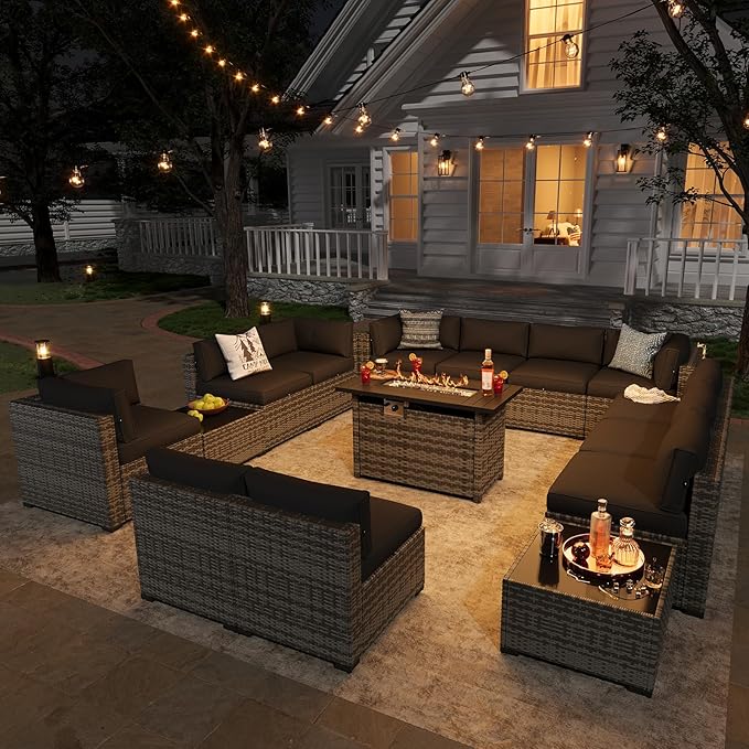 Aoxun Patio Furniture Sets, 15-Piece Outdoor Patio Furniture with 44'' Propane Gas Firepit Table, Wicker Outdoor Conversation Set Sectional Sofa for Backyard, Poolside, Garden Aoxun