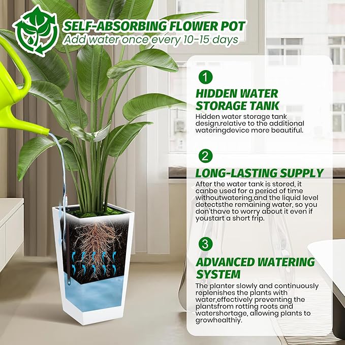 Garvee 16" Tall Planters Set of 2, Outdoor＆Indoor Black Planter Pots, High Front Porch Planter Pots with Drainage Holes＆Water Level Monitor＆Inner Bucket,White Garvee