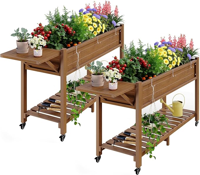 YEFU Raised Garden Bed with Legs: 57x18x30in Elevated Poly Planter with Wheels,Waterproof Mobile Raised Bed Garden, Elevated Planter Box Stand with Storage Shelf,for Herb,Carrot,Tomato (Teak,2pcs) YEFU
