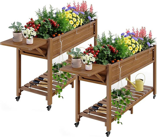 YEFU Raised Garden Bed with Legs: 57x18x30in Elevated Poly Planter with Wheels,Waterproof Mobile Raised Bed Garden, Elevated Planter Box Stand with Storage Shelf,for Herb,Carrot,Tomato (Teak,2pcs) YEFU