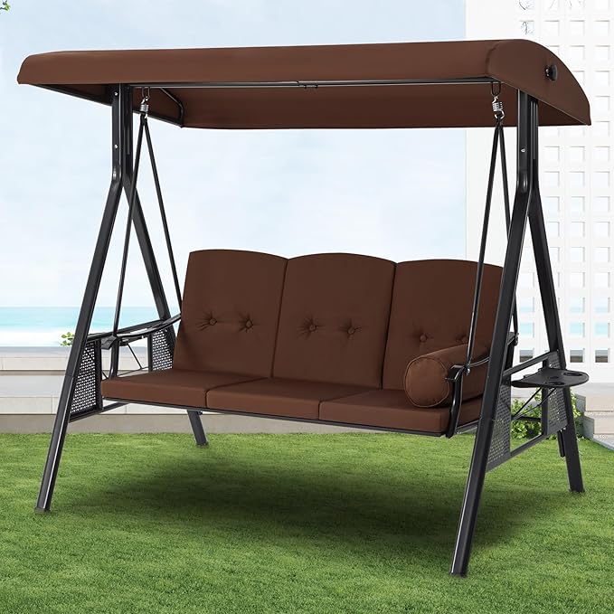 U-MAX 3-Seat Porch Swing Chair Steel Frame, Patio Swing Chair with Stand and Removable Cushions, Outdoor Canopy Swing Chair for Outside, Backyard, Garden, Brown Cushion U-MAX
