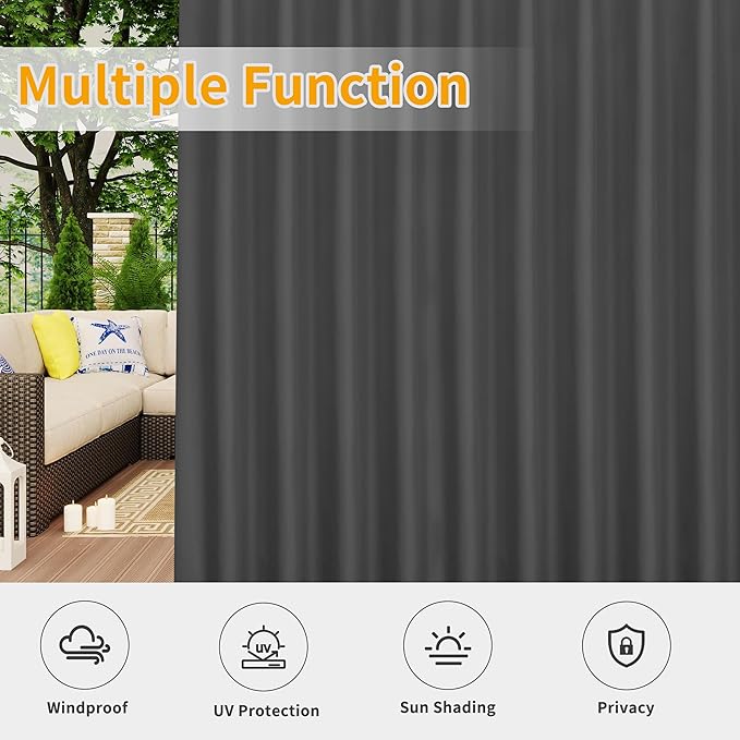 Easy-Going Outdoor Patio Curtains Detachable Tab Top Windproof Weatherproof Curtain for Cabana, Porch, Pergola and Gazebo, Tab Bottom Drape, 2 Panels, 110W x 108L inch, Gray Easy-Going