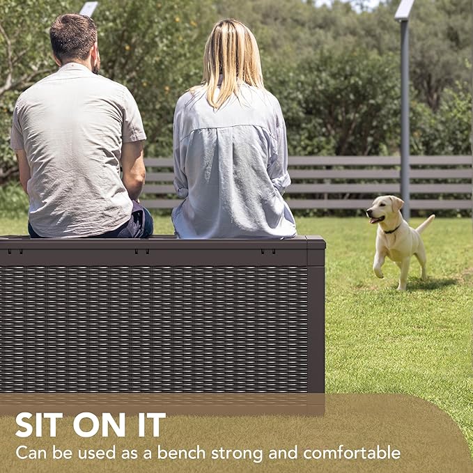 Devoko 100 Gallon Waterproof Large Resin Deck Box Indoor Outdoor Lockable Storage Container for Patio Furniture Cushions Garden Tools (100 Gallon, Dark Brown) DEVOKO