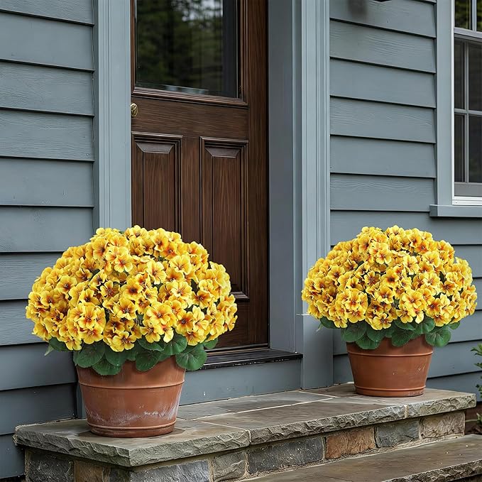 2 Pack Artificial Geranium Flowers Topitary Trees for Outdoors, UV Resistant Geraniums Potted Bushes Look Real Silk Faux Plants for Front Door Garden Porch Planter Farmhouse Home Decor (Yellow) GLIDLION