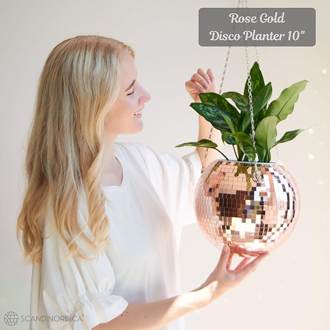 SCANDINORDICA Disco Ball Planter – Value Package: Mirror Disco Planter with Chain, Macrame Hanger and Acrylic Stand for Desk, Self Watering Insert, Plant Lover Gifts | 10 inch Rose Gold SCANDINORDICA