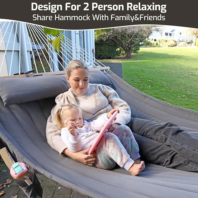 Double Quilted Fabric Hammock with Hardwood Spreader Bars and Pillow 450 LBS Capacity 2 Person Large Hammock for Outdoor Patio Backyard Poolside - Dark Blue CHULIM