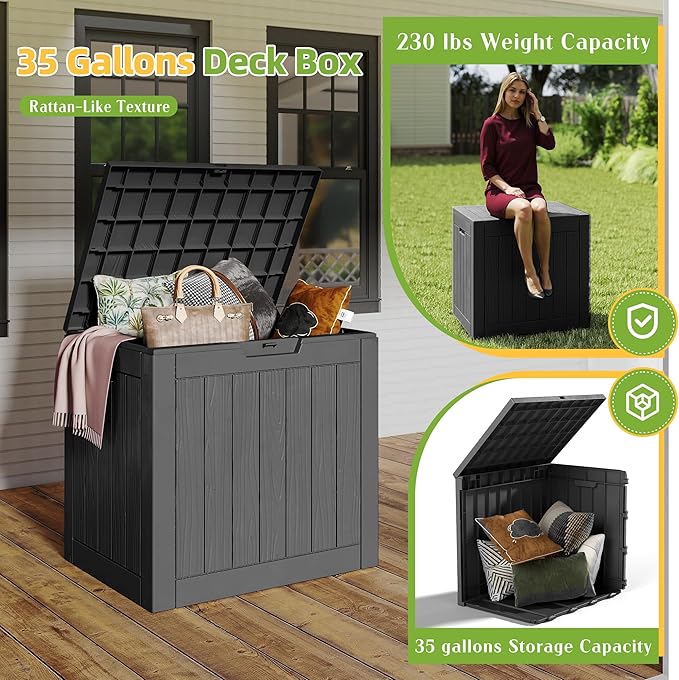 35 Gallon Resin Deck Box with Lockable Latch, Waterproof UV-Resistant Multi-Purpose Outdoor Storage for Patio Cushions, Garden Tools & Package Storage, Black KFY